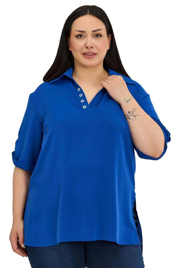 Plus Size Cobalt Blue Blouse with Buttoned Collar and Patten Detailed Sleeves and Epaulettes