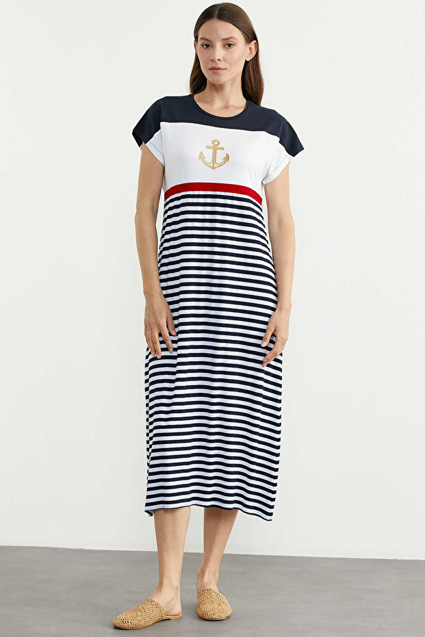 Marine Striped Embroidered Combed Cotton Dress - Navy Blue