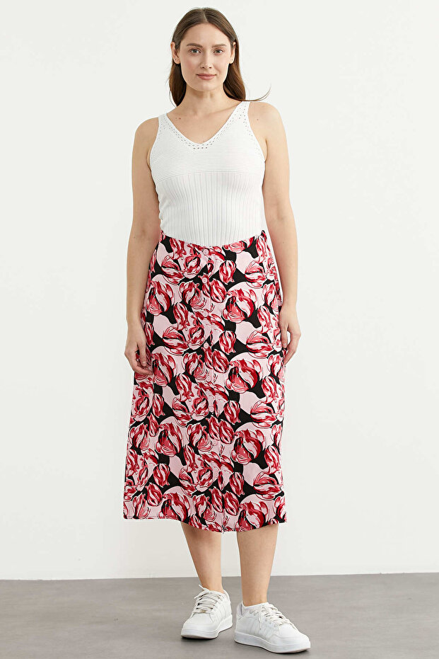 Patterned Viscose Flared Skirt - Pink
