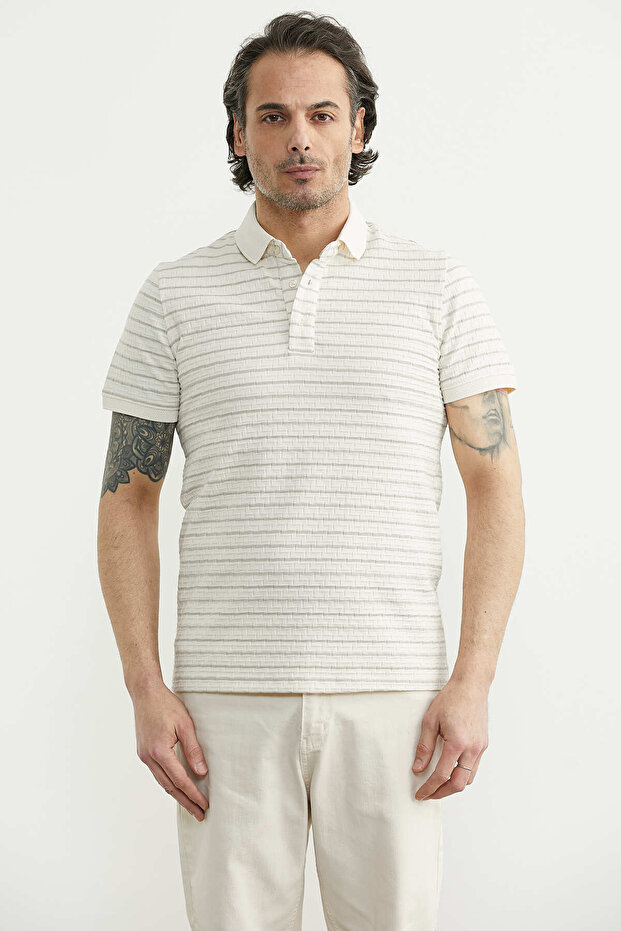 Textured Polo Collar Striped T-Shirt - Ecru - Beige