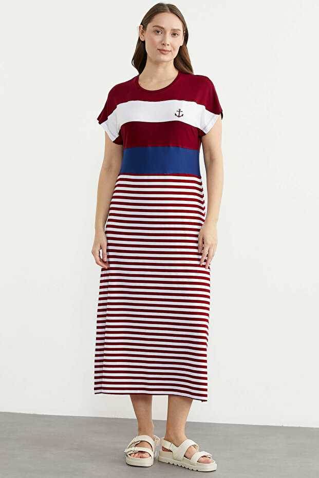 Striped Marine Off-Shoulder Combed Cotton Dress - Burgundy