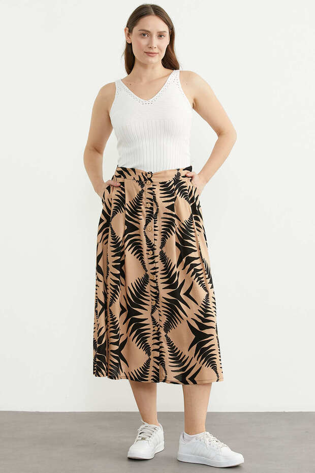 Viscose Flared Patterned Skirt - Camel - 1