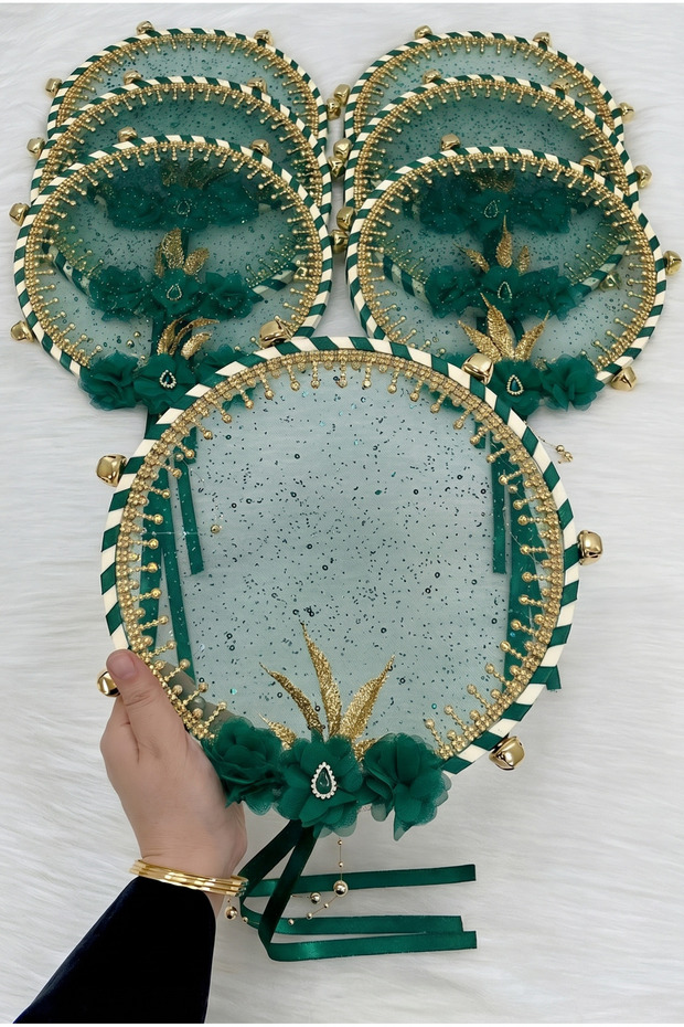 Emerald Green Bridal Bridesmaid Tambourine, Shiny Stone, Flower and Glittering Sequin Decorated, Wedding Henna Night Bride Circumcision Party Event 1 Piece
