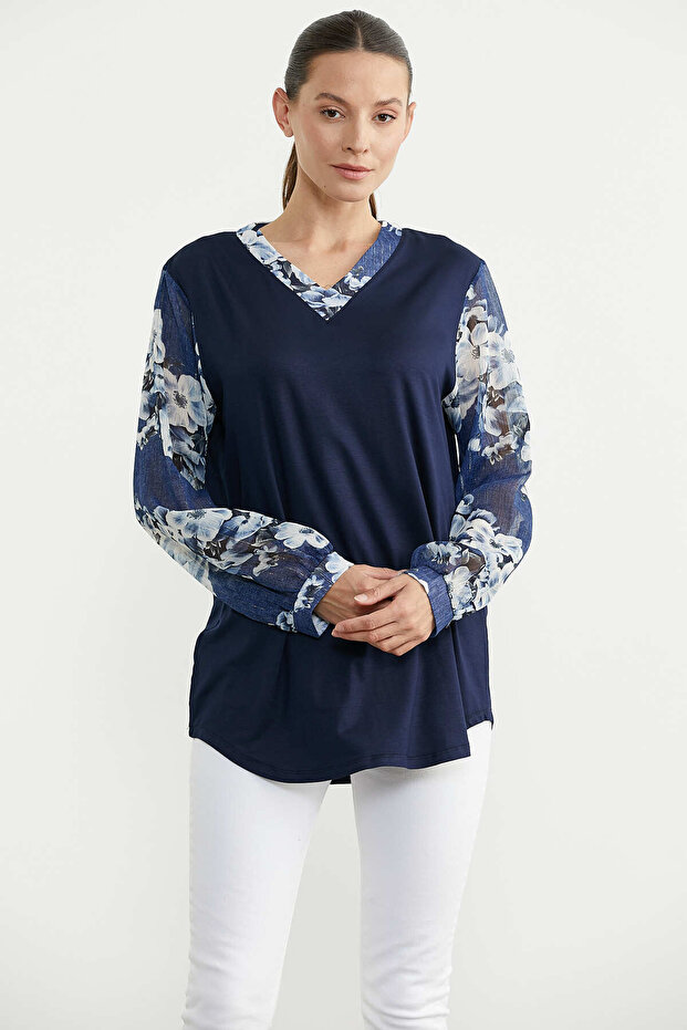 Plus Size Chiffon Combination V-Neck Blouse - Navy Blue - 3