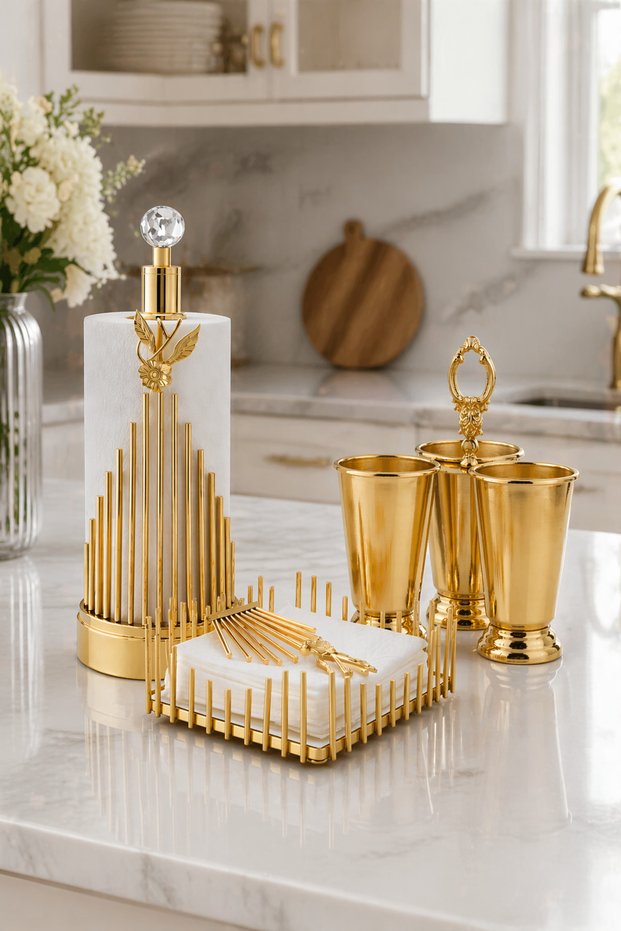 3-Piece Gold Metal Mirrored Flower Model Square Napkin Holder, Gold Metal Flower Model Towel Napkin Holder, and Gold Plated 3-Compartment Spoon Holder Set, Kitchen Serving Tray, Tableware Organizer, Zenith