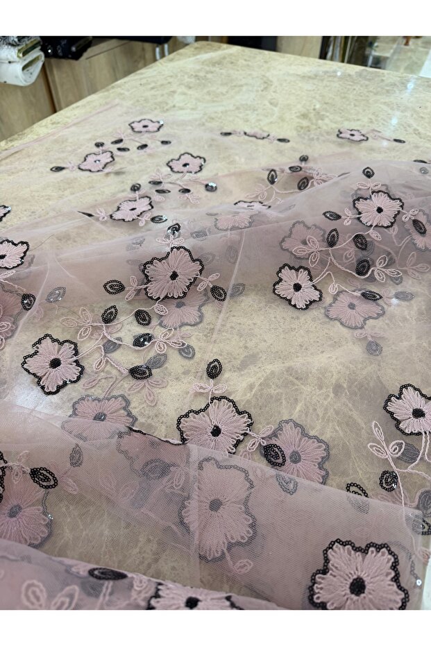 Black Contoured Floral Patterned Sequined Tulle Fabric on Powder Base - for Evening Gowns and Dresses