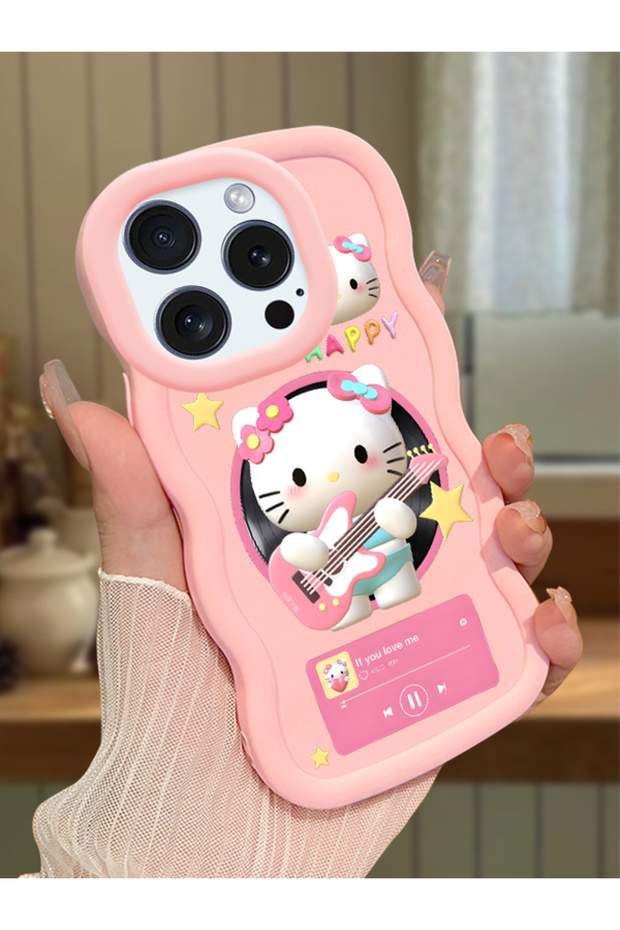 iPhone 16 Pro Max Compatible Shockproof Simple Pink Silicone Phone Case Hello Kitty Pattern
