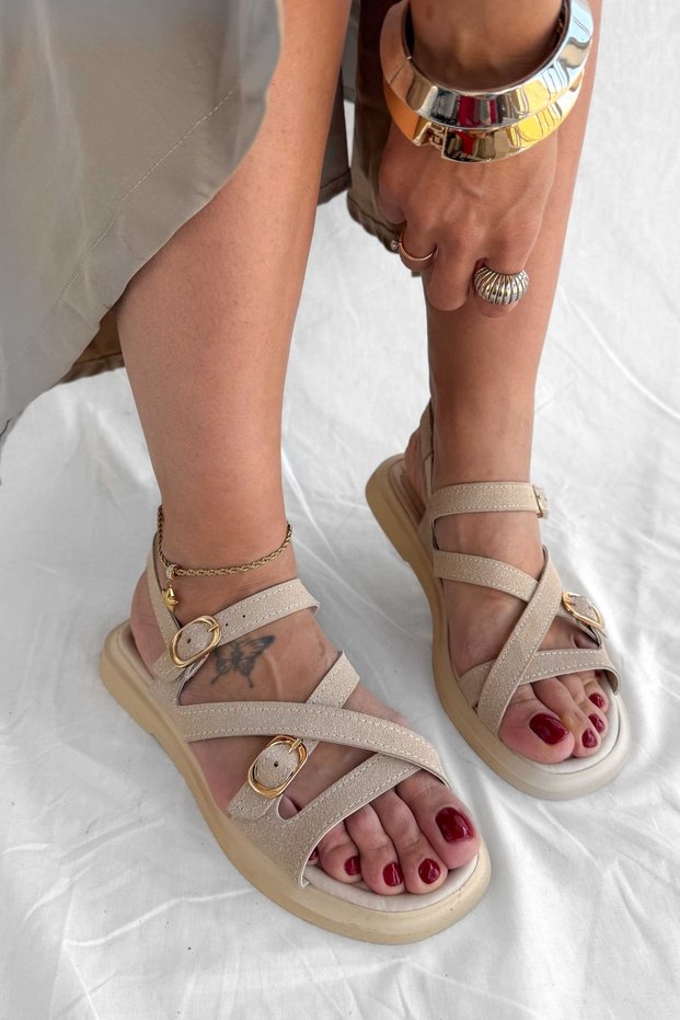 Valencia Beige Suede Buckle Detail Women's Sandals