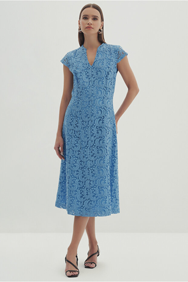 V-Neck Midi Length Lace Dress