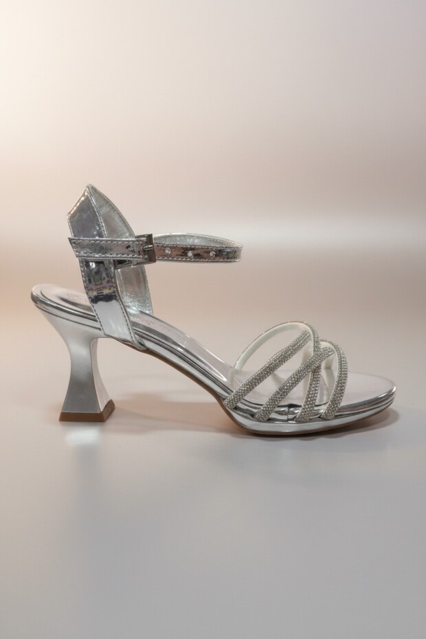 Elegant Silver Ankle Strap White Stone Thin Heel Women's Shoes