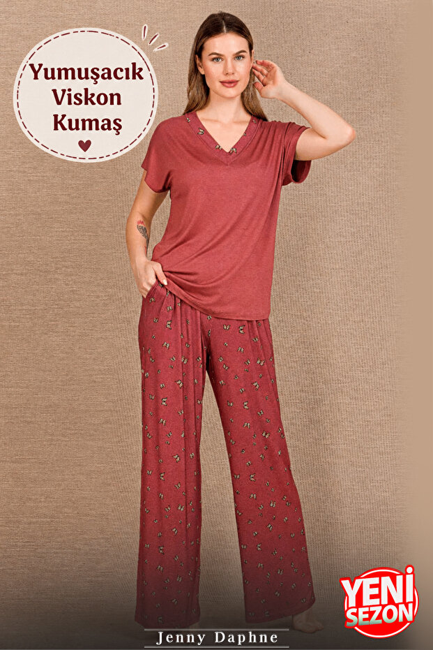 Women's Viscose Pajama Set Short Sleeve V-Neck Comfortable Fit Patterned Bottom Top Set Summer Light Pajamas M-L-Xl Size 12685