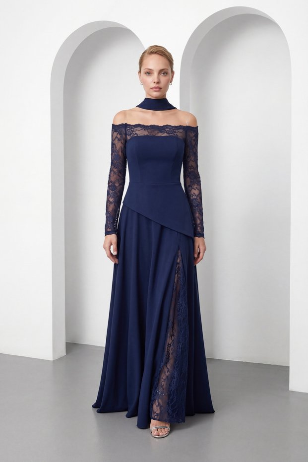 Women's Navy Blue Slim Fit Boat Neck Lace Detail Long Evening Dress