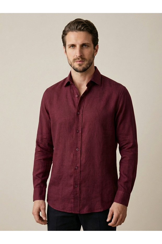 Men's 100% Cotton Linen Textured Long Sleeve Folded Slim Fit Shirt