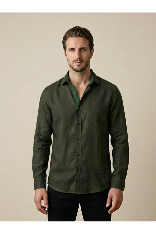 Men's 100% Cotton Linen Textured Long Sleeve Folded Slim Fit Shirt