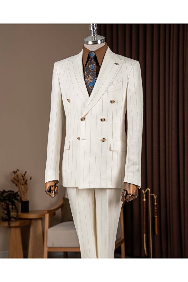Slim Fit Men's Double-Breasted Pointed Collar Striped Linen Suit Ecru T20100-05