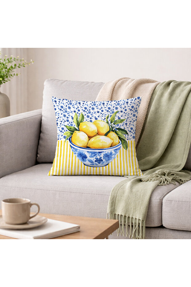 Lemon Patterned Cushion Cover with Tile Bowl Design on Blue Floral and Yellow Striped Background (43X43 cm)