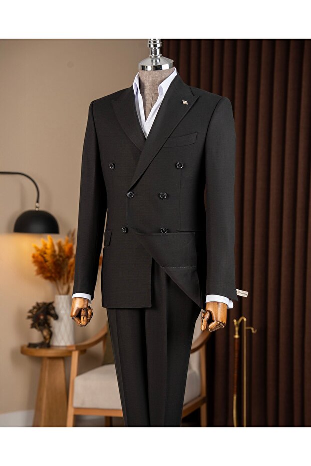 Slim Fit Men's Double-Breasted Pointed Lapel Jacket Pants Suit Black T20097-01