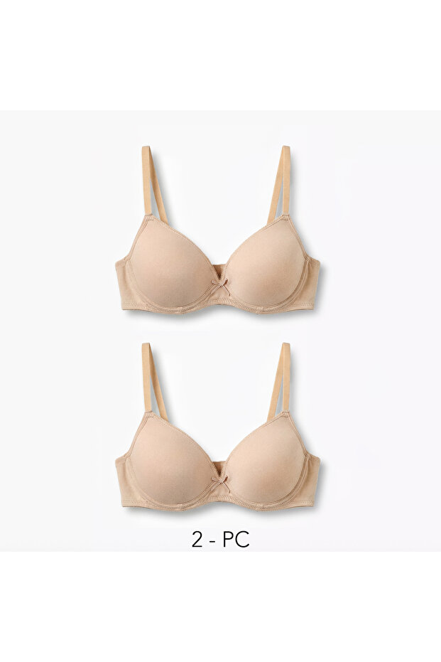 Solid Bra with Lace Detail and Adjustable Strap - Set of 2