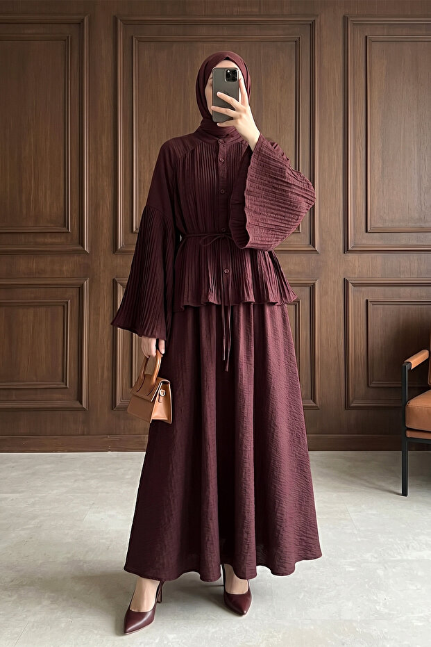 Pleated Jacquard Seersucker Skirt Top and Bottom Set - Burgundy