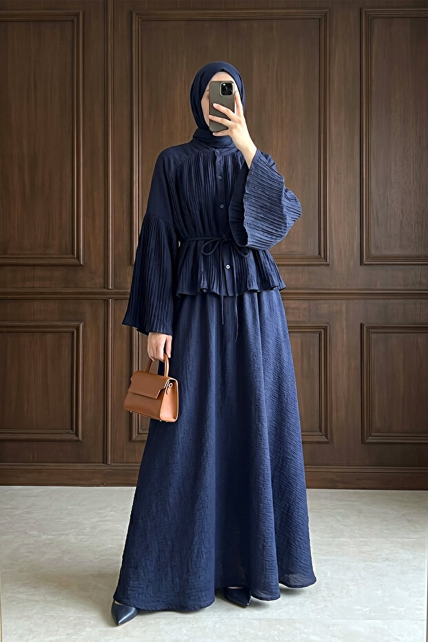 Pleated Jacquard Seersucker Skirt Top and Bottom Set - Navy Blue