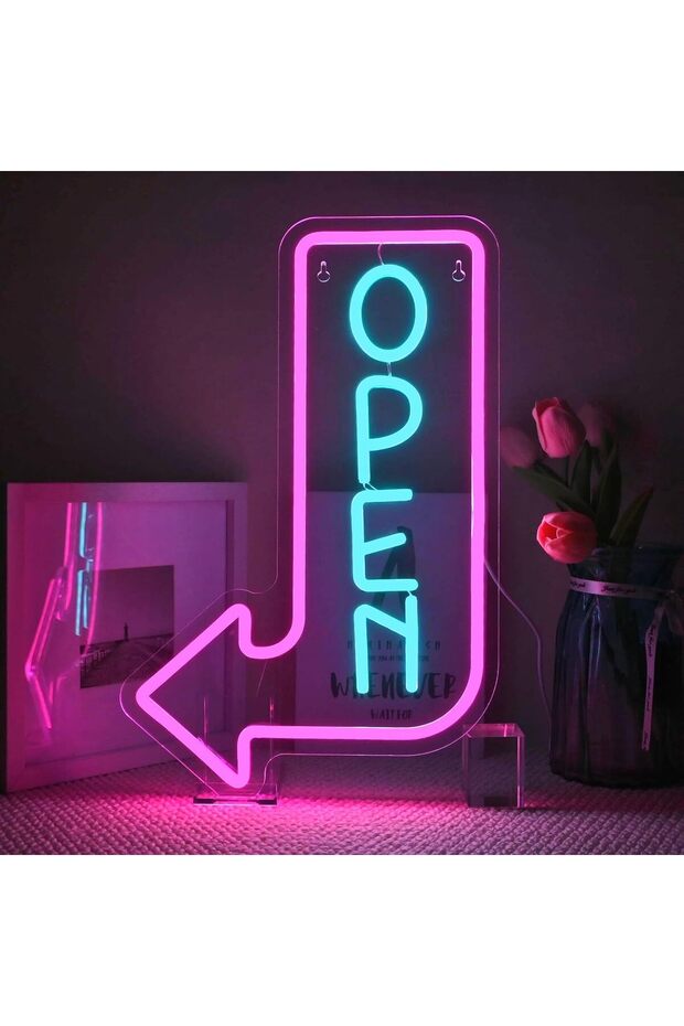 لافتة نيون مكتوب عليها OPEN مقاس 42×27 سم متعددة الألوان مع لوحة عرض LED عريضة وقاعدة أكريليك 6 مم