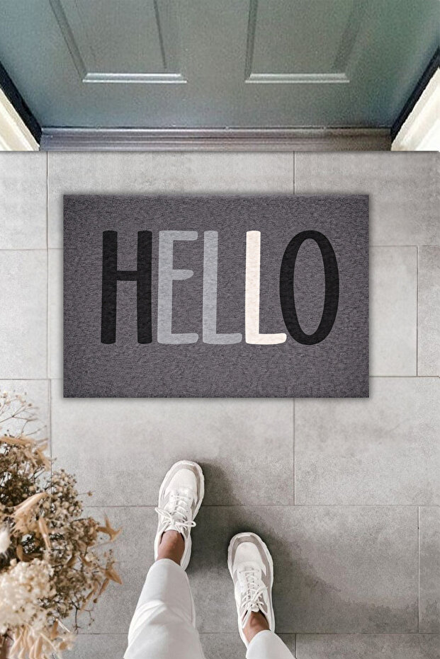 Modern Digital Print Doormat - Dark Gray Minimal Design with Hello Written - Front Door Mat