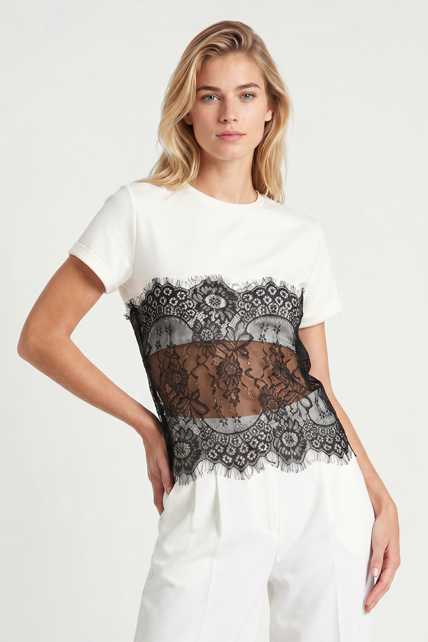 Contrast Lace Detailed Modal T-Shirt Lzv0071 Ecru