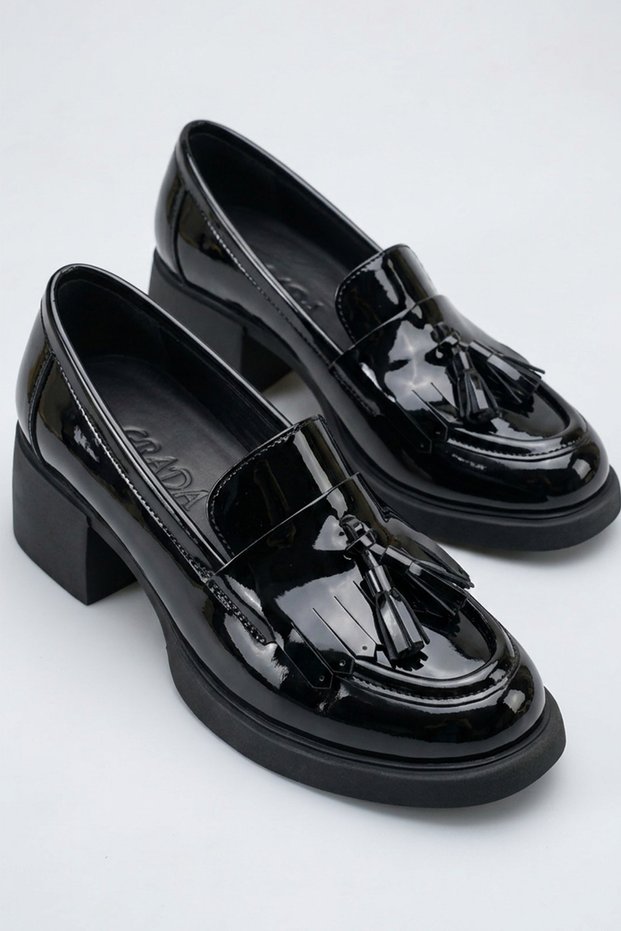 Tasseled Heels Black Patent Leather Genuine Leather Women's Shoes Real Leather Inside and Out Tasseled Heels with Pompoms