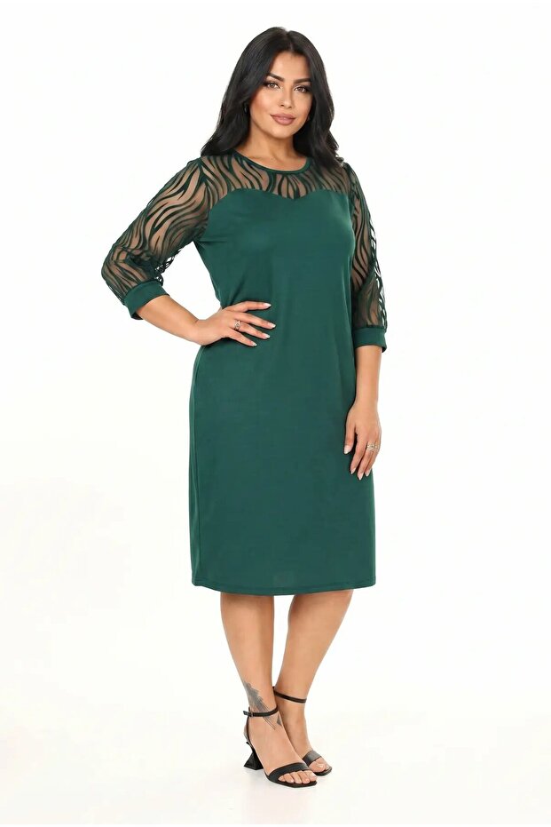 Women's Emerald Green Plus Size Flocked Sleeve Dress Hzl26S-Pr11161