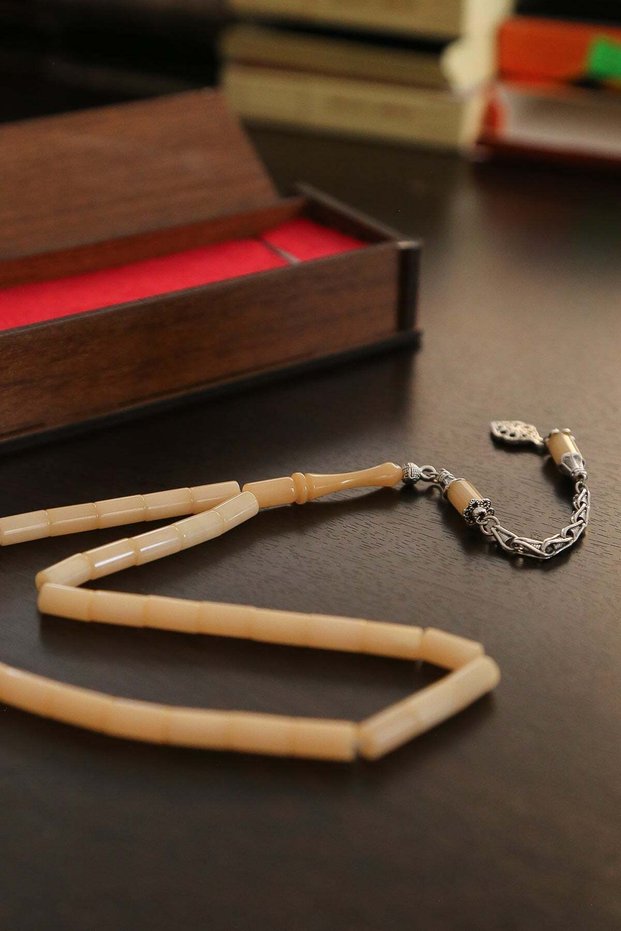 Full Cut Grains Cream Color Crimped Amber Prayer Beads