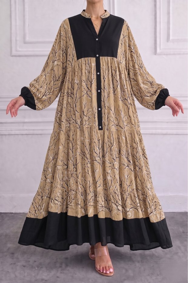 Women's Patterned Button Detailed Long Viscose Dress