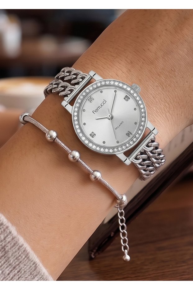 Milano Women's Silver Chain Cord Stone Minimal Wristwatch 2 Years Warranty
