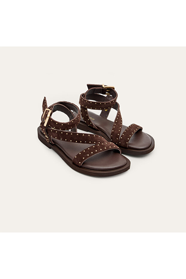 Women's Brown Studded Detailed Leather Sandals