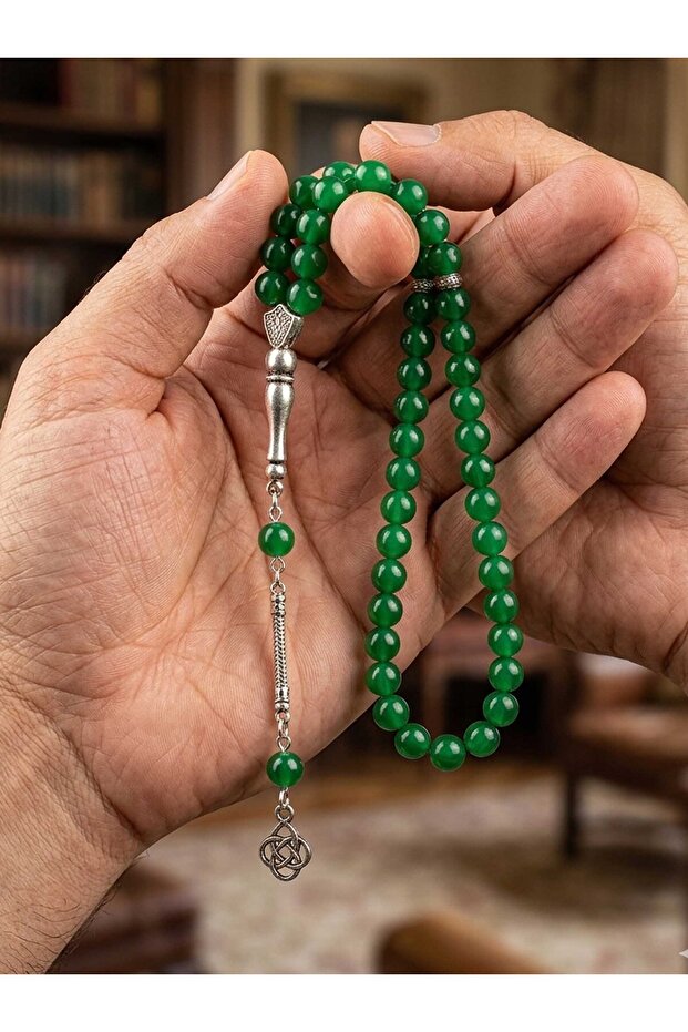 حجر العقيق الأخضر الطبيعي 33 حبة سبحة رجالية eutysla