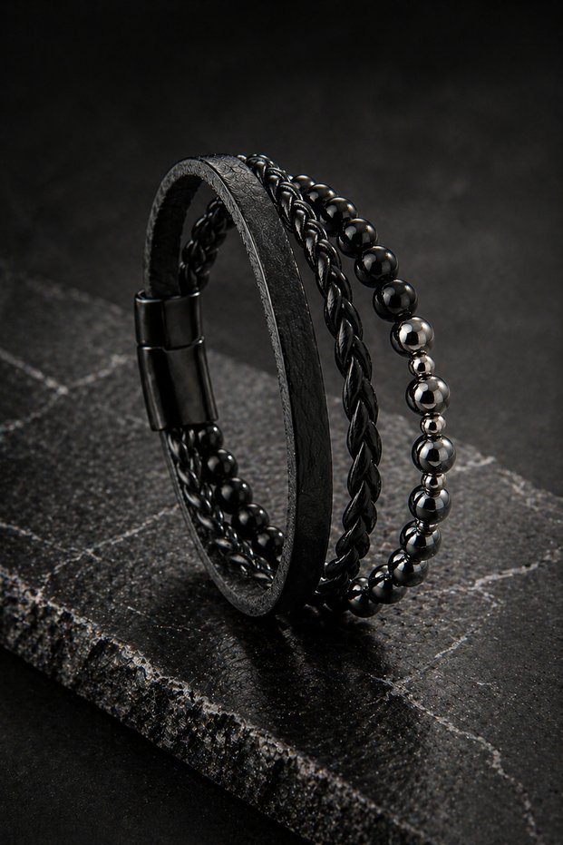 Men's Black Leather and Natural Stone Detailed Multi-Layered Bracelet with Steel Clip Modern Stylish Design