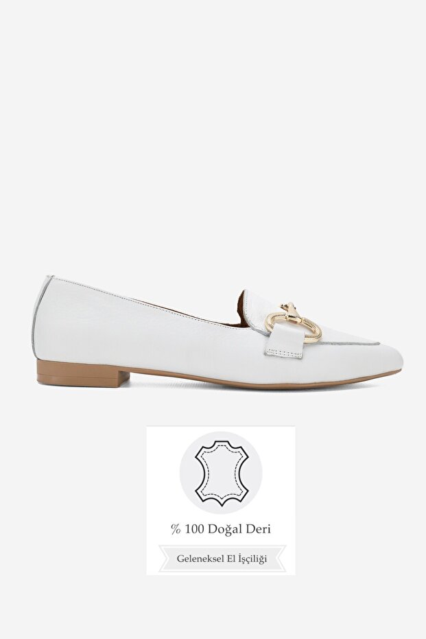 Women's White Genuine Natural De Leather 6-41 Size Buckle Flats
