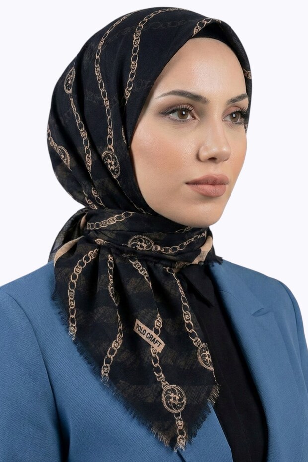 Women's Black Tan Chain Patterned Cotton Flared Scarf