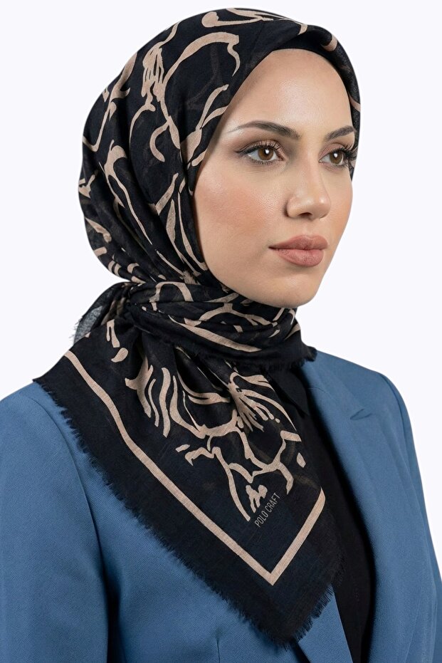 Women's Black and Tan Abstract Patterned Cotton Flared Scarf