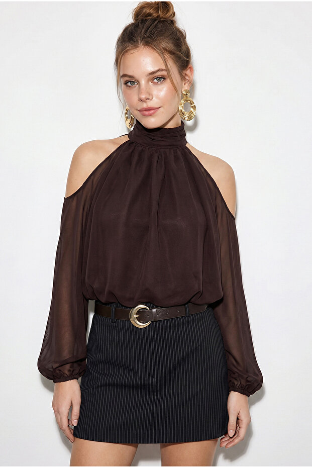 Women's Bitter Coffee Shoulder Low-Cut Stand Collar Lined Chiffon Blouse with Elastic Hem 1020 60286089