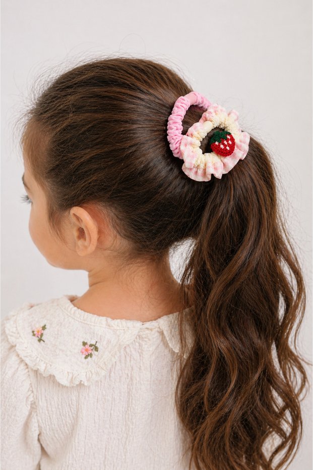 Set of 2 Hair Elastics Pink & Strawberry Detailed Ruffled Elastic Hair Clips for Girls & Women