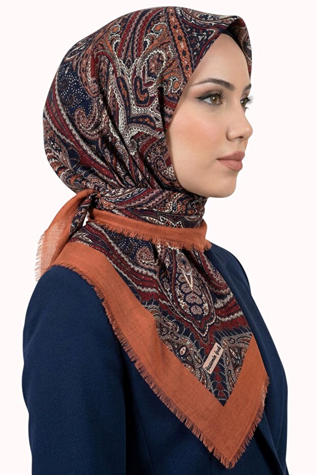 Women's Orange Tile Ethnic Patterned Flared Scarf