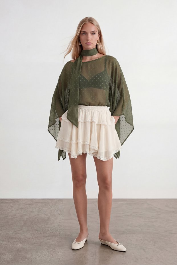 Green Boat Neck Chiffon Blouse with Scarf Detail Alc-X15493