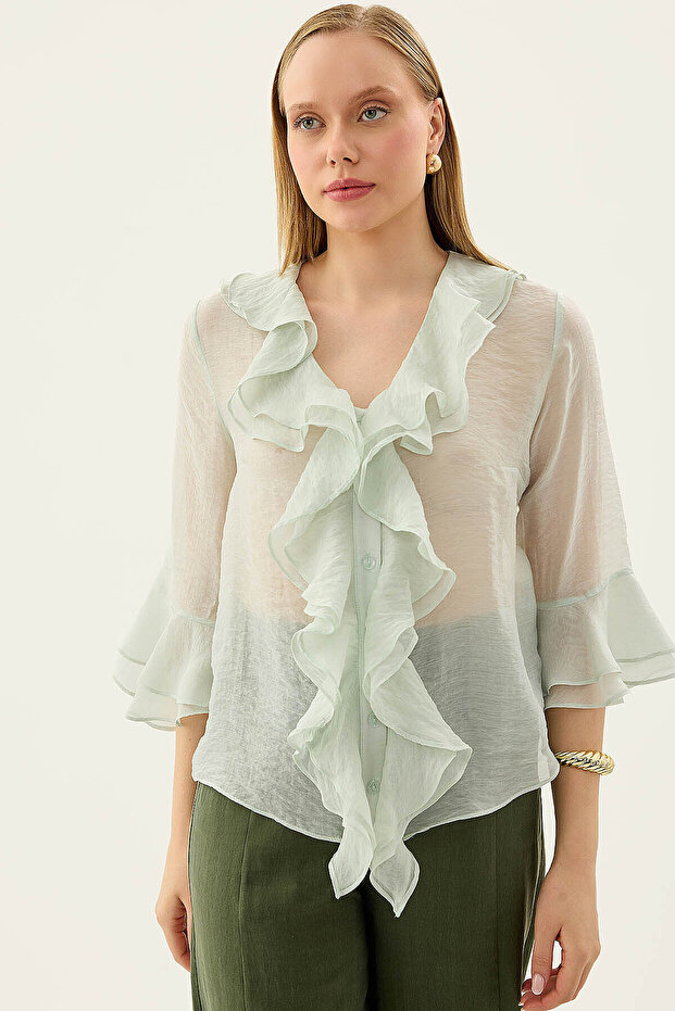 Buttoned Front Ruffled Blouse - 2