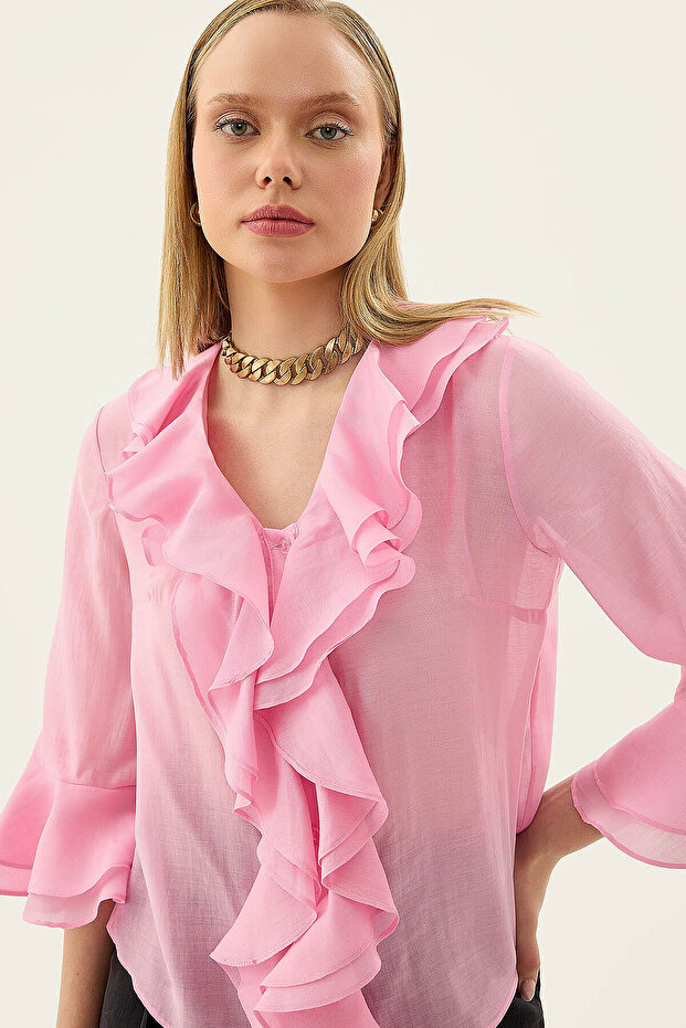 Buttoned Front Ruffled Blouse - 3
