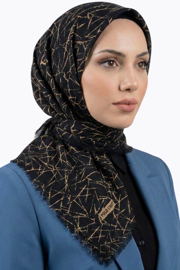 Women's Black and Tan Patterned Cotton Flared Scarf