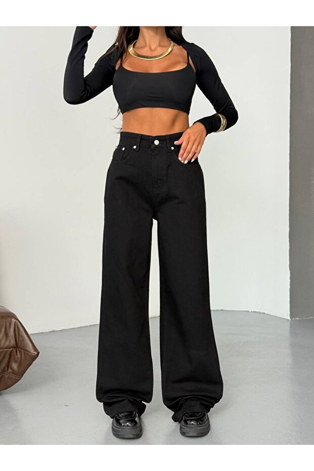 Denim wide leg jeans with belt detail