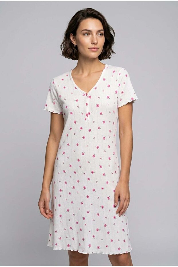Women's Ribbed Nightgown with Transfer Design 5827 Pink Color