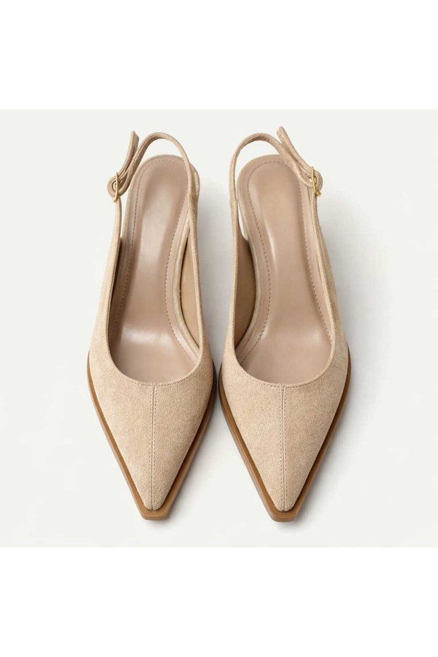 Women's Beige 7 Santim Heel Pointed Toe Women's Classic Leather Heeled Shoes Non-Slip Sole