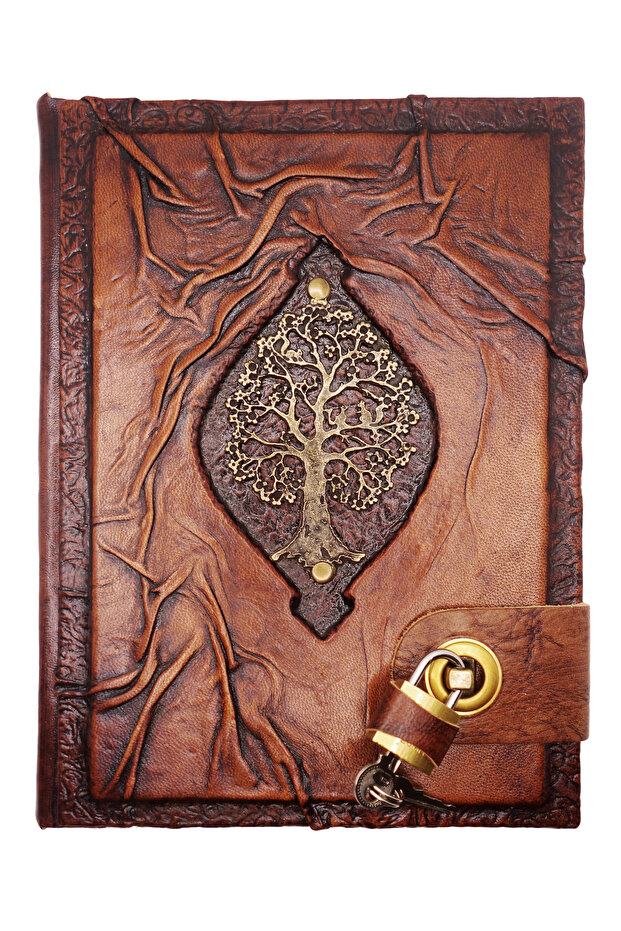 Leather Notebook with Tree Figure and Padlock