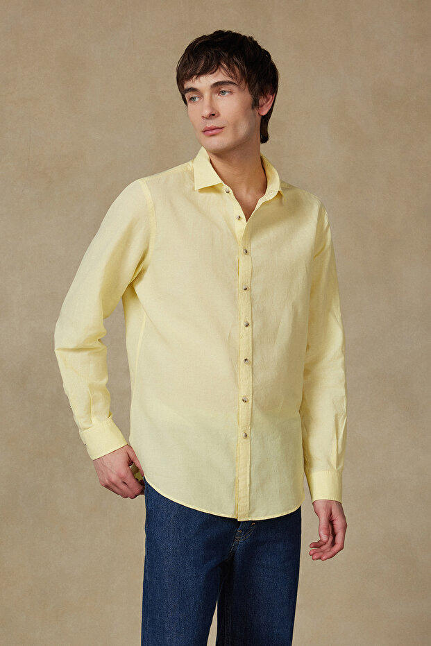 Costa Linen Cotton Linen Blend Comfort Fit Yellow Classic Collar Men's Plain Shirt